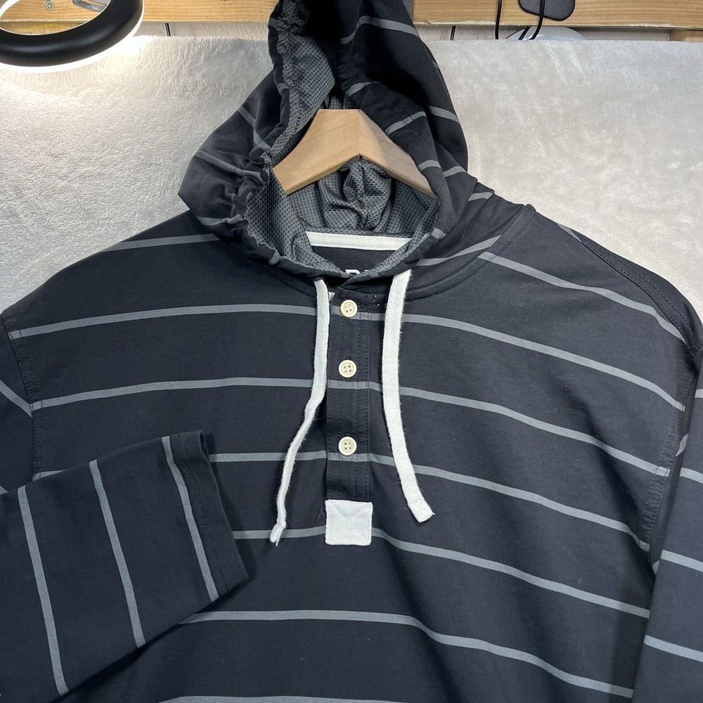 BYLT Men's Drop Cut Hooded Henley Black Gray Striped Pullover Hoodie Sz M